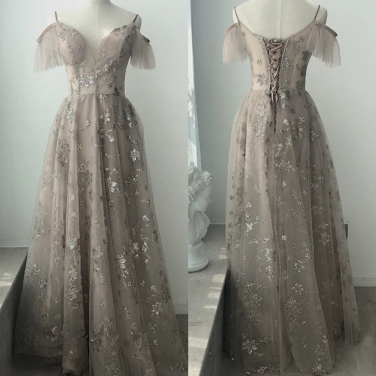 Beautiful Light Champagne Straps Long Party Dress, A-line Floor Length Prom Dress