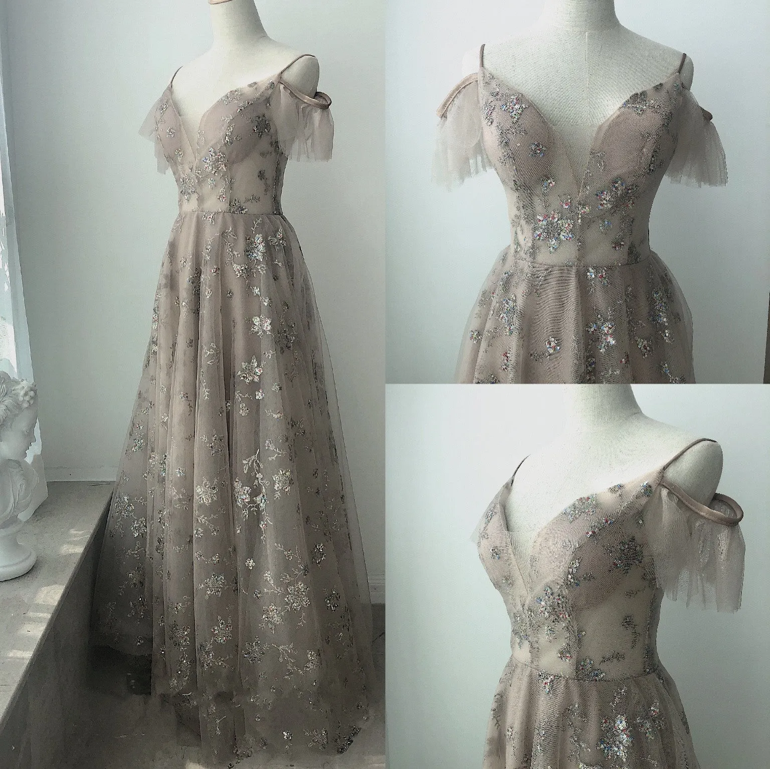 Beautiful Light Champagne Straps Long Party Dress, A-line Floor Length Prom Dress