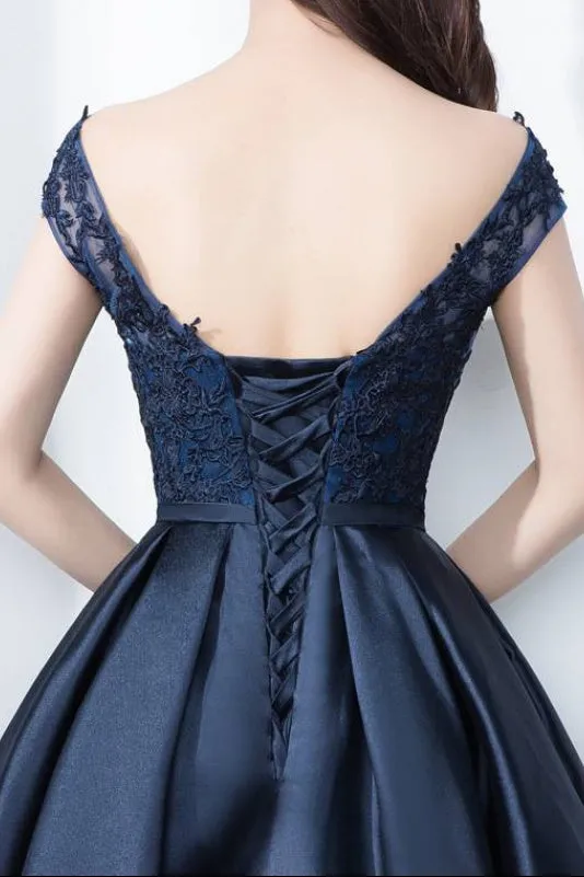 Beautiful Navy Blue Satin and Lace Knee Length Homecoming Dress, Short Prom Dress