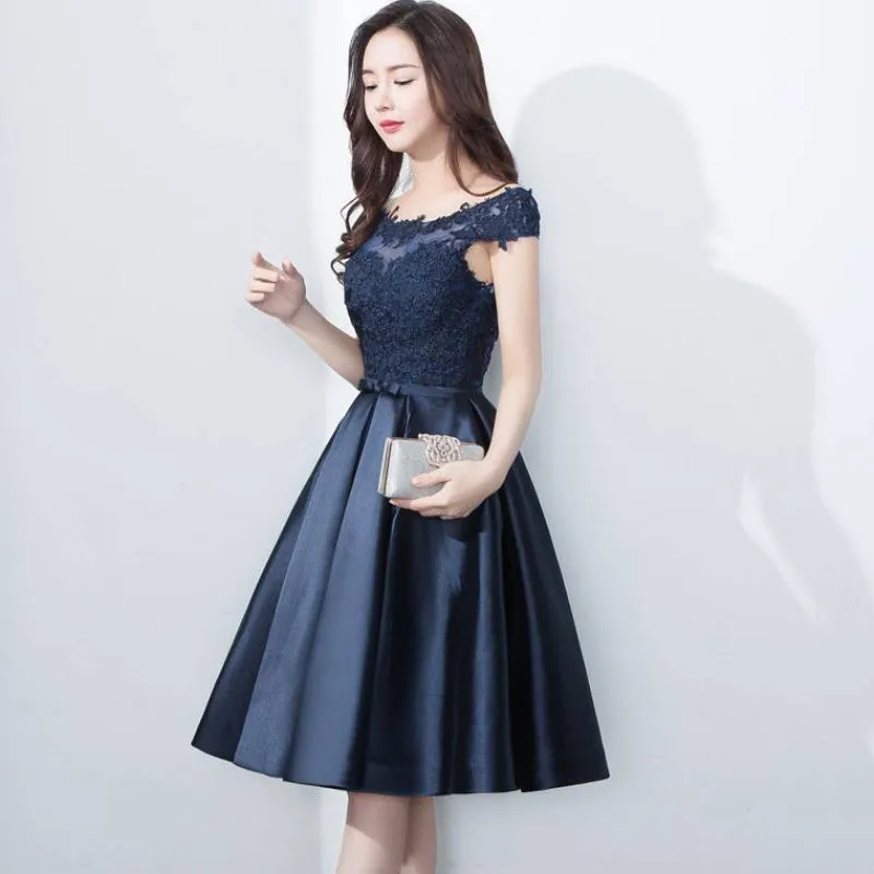 Beautiful Navy Blue Satin and Lace Knee Length Homecoming Dress, Short Prom Dress