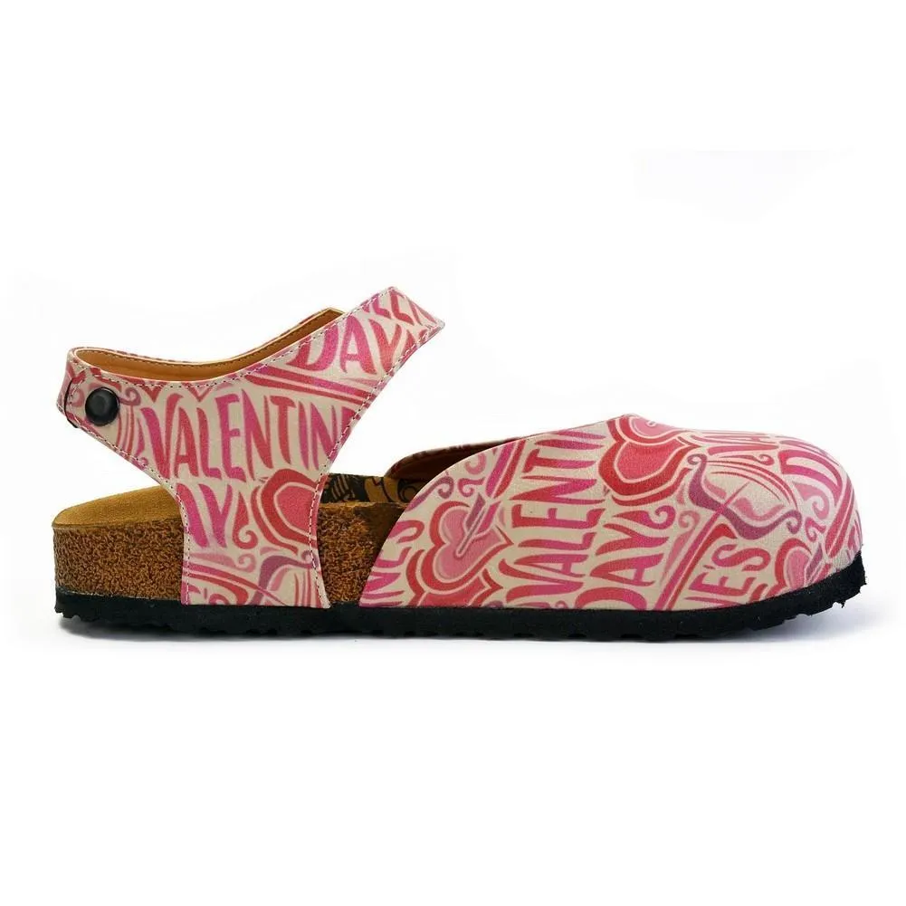 Beige and Red Color, Heart Patterned, Valentines Day Written Patterned Clogs - CAL1605