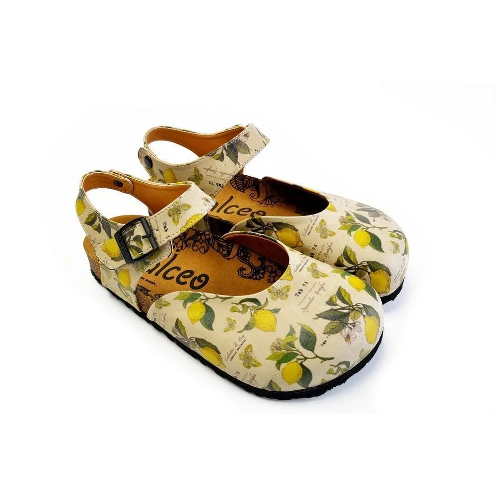 Beige, Green Leaf and Yellow Lemon Patterned and Yellow Butterflys Clogs - CAL1606