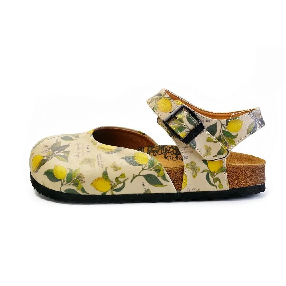 Beige, Green Leaf and Yellow Lemon Patterned and Yellow Butterflys Clogs - CAL1606