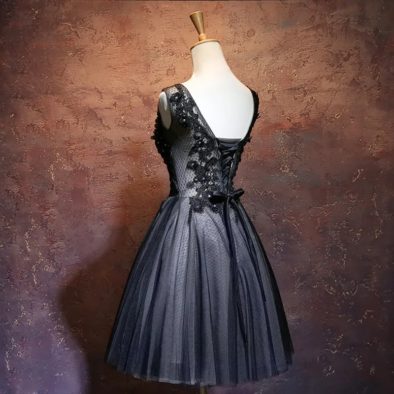 Black V-neckline Tulle with Lace Applique Party Dress, Black Homecoming Dress