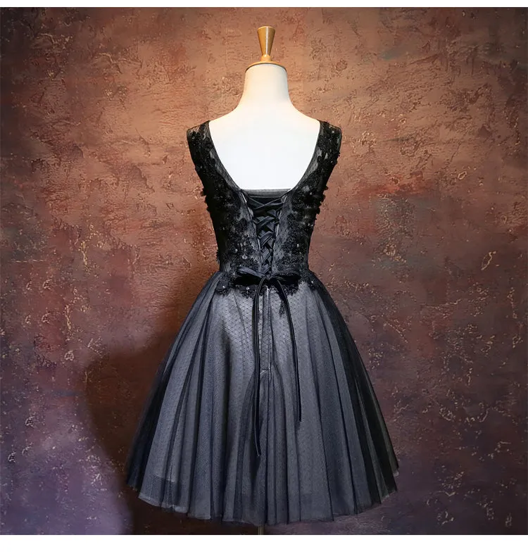 Black V-neckline Tulle with Lace Applique Party Dress, Black Homecoming Dress