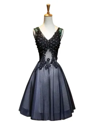 Black V-neckline Tulle with Lace Applique Party Dress, Black Homecoming Dress