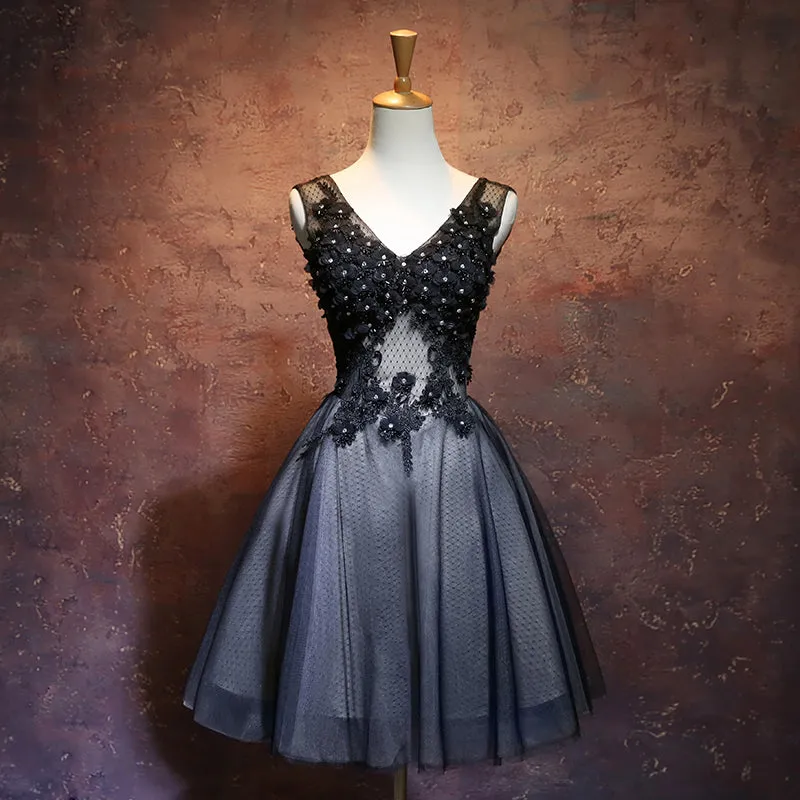 Black V-neckline Tulle with Lace Applique Party Dress, Black Homecoming Dress