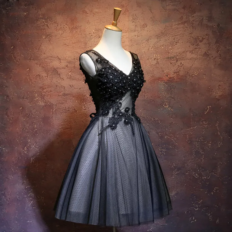 Black V-neckline Tulle with Lace Applique Party Dress, Black Homecoming Dress