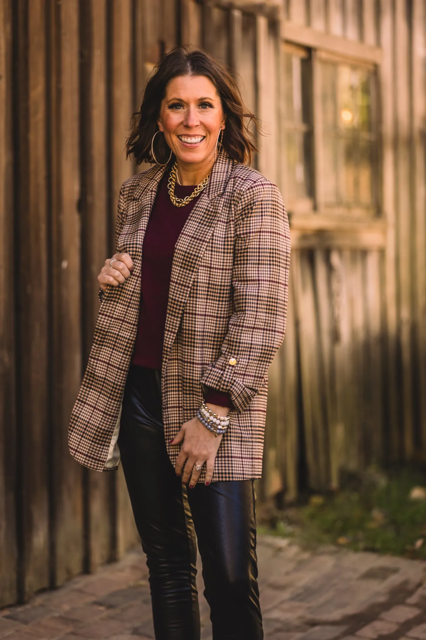Camel   Wine Checkered Blazer