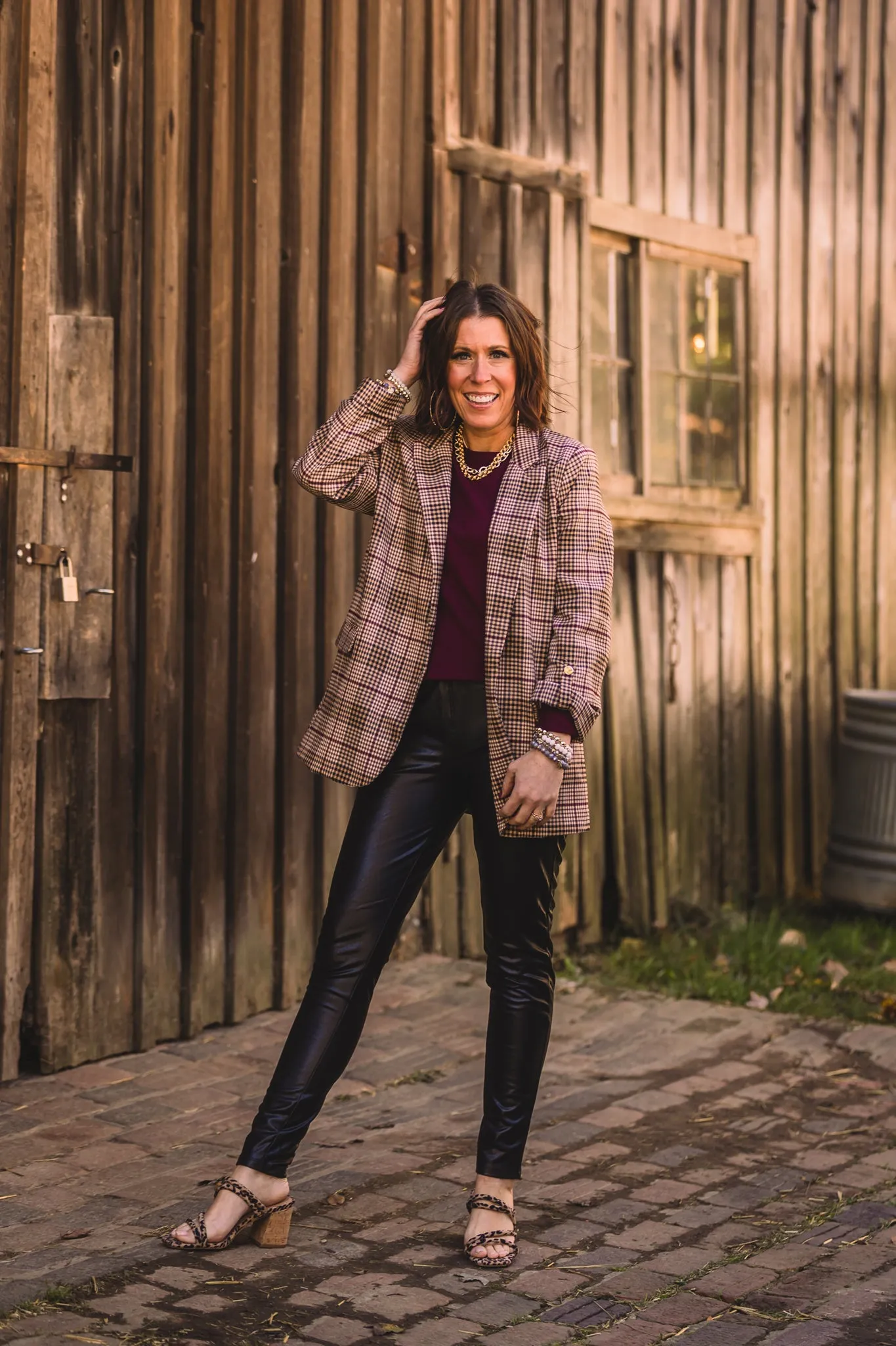 Camel   Wine Checkered Blazer