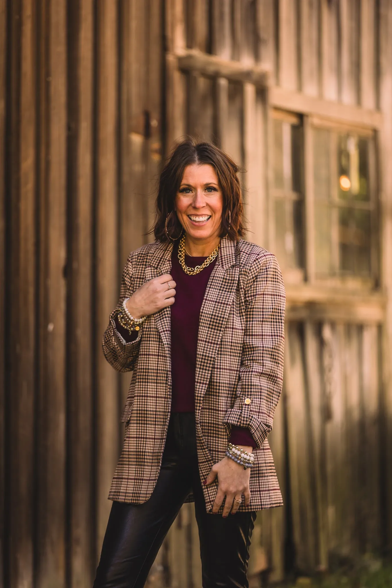 Camel   Wine Checkered Blazer