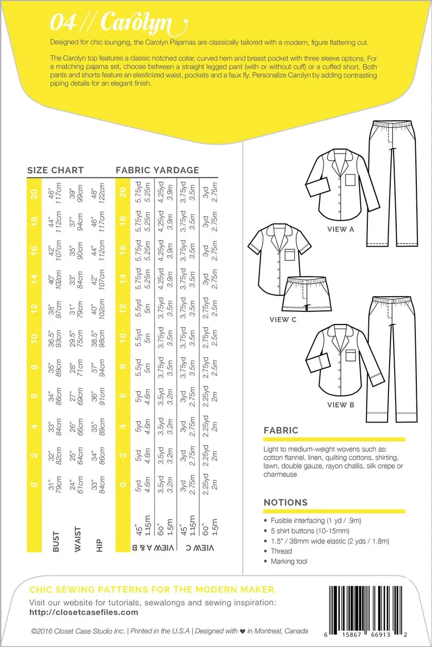Carolyn Pajama Sewing Pattern -- Close Core Patterns