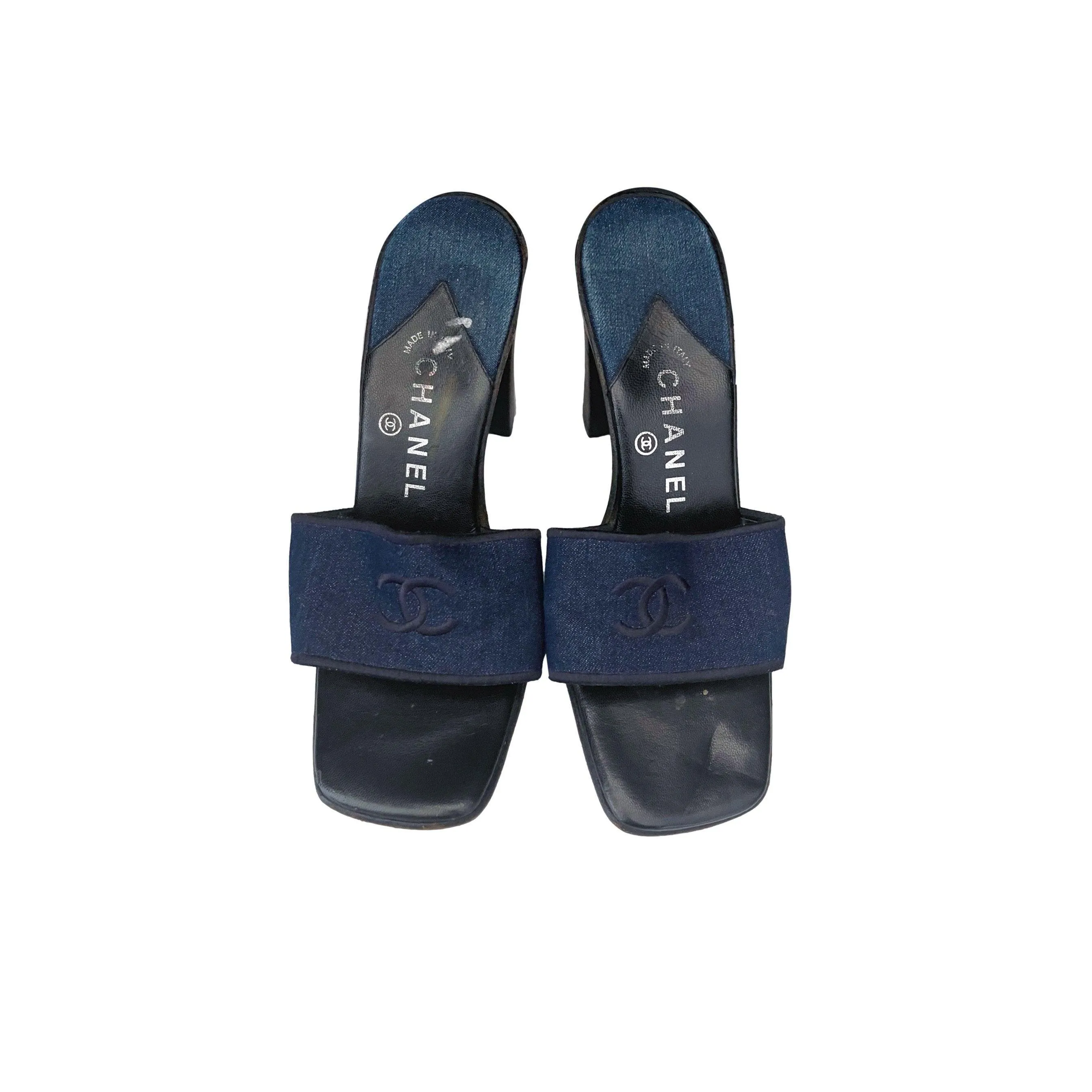 Chanel Denim Logo Chunky Heels