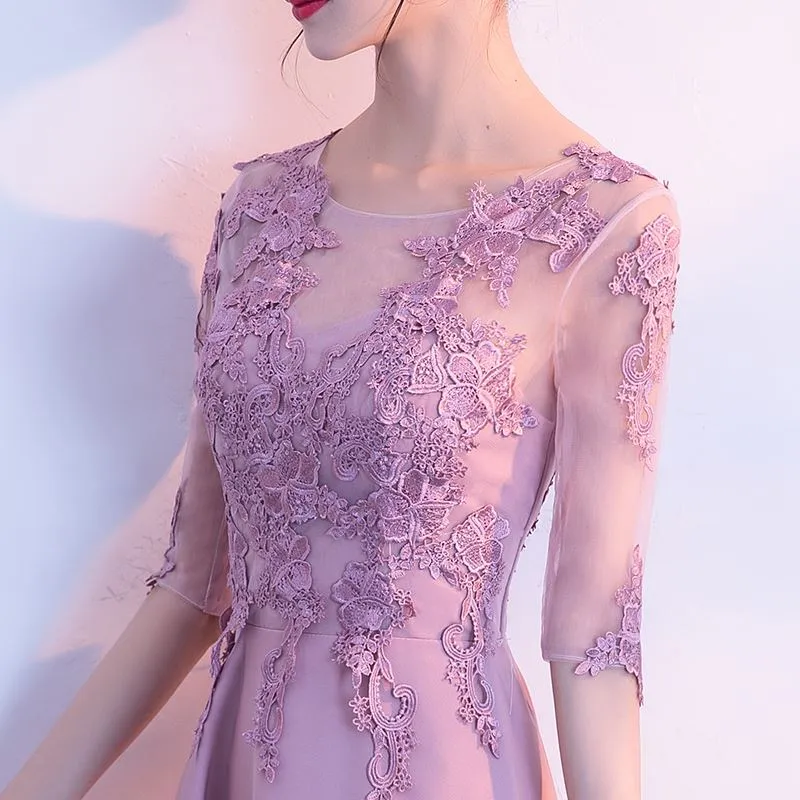 Charming Round Pink Lace Applique Long Wedding Party Dress, Pink Party Dress