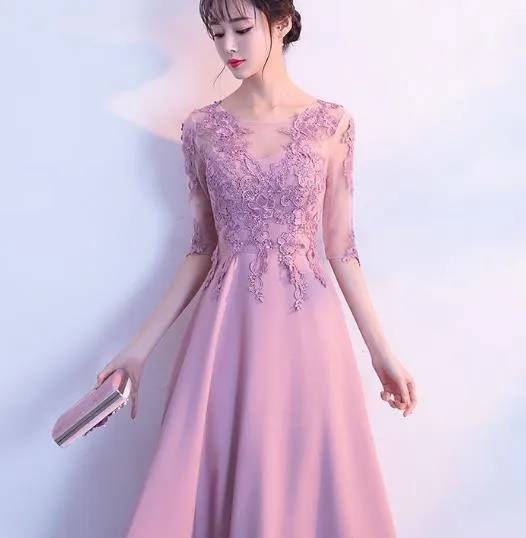 Charming Round Pink Lace Applique Long Wedding Party Dress, Pink Party Dress