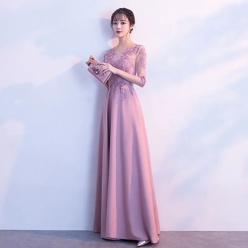 Charming Round Pink Lace Applique Long Wedding Party Dress, Pink Party Dress