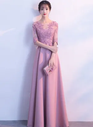 Charming Round Pink Lace Applique Long Wedding Party Dress, Pink Party Dress