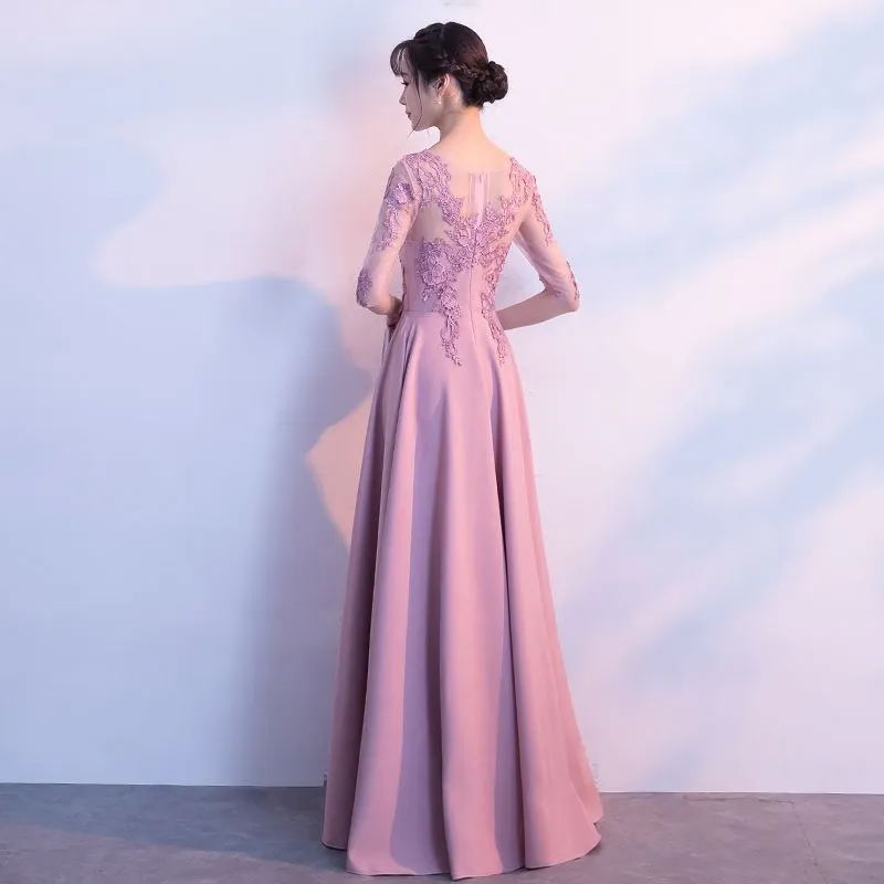 Charming Round Pink Lace Applique Long Wedding Party Dress, Pink Party Dress