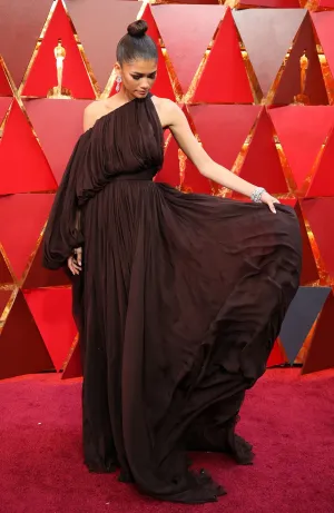 Chocolate Brown Zendaya Coleman One Shoulder One Sleeve Dress Pleated Prom Red Carpet Formal Dress Academy Awards (Oscars) For Sale
