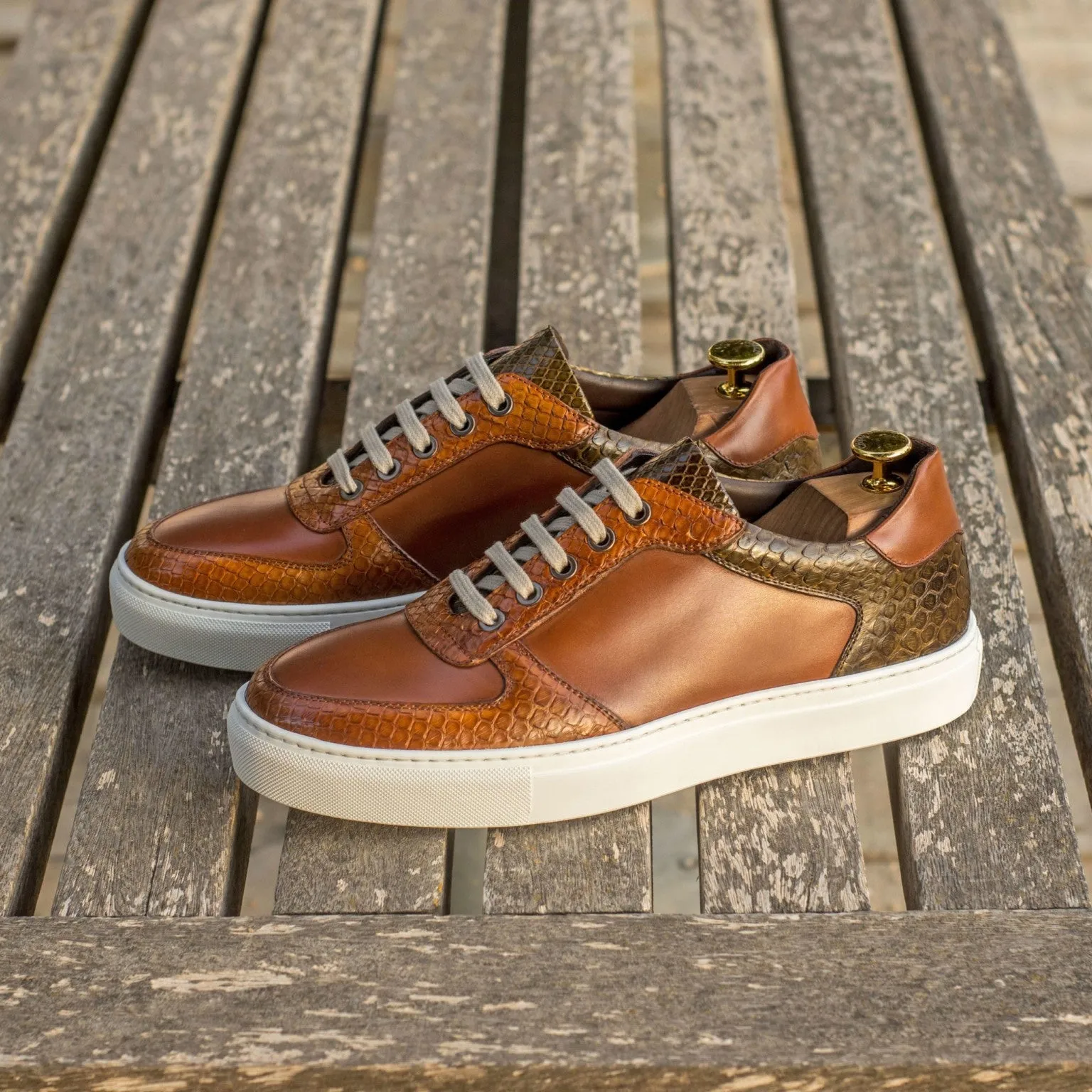 Cognac & Olive Python Low-Top Sneakers
