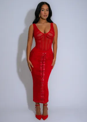 Crimson Whimsy Mesh Midi Dress Red