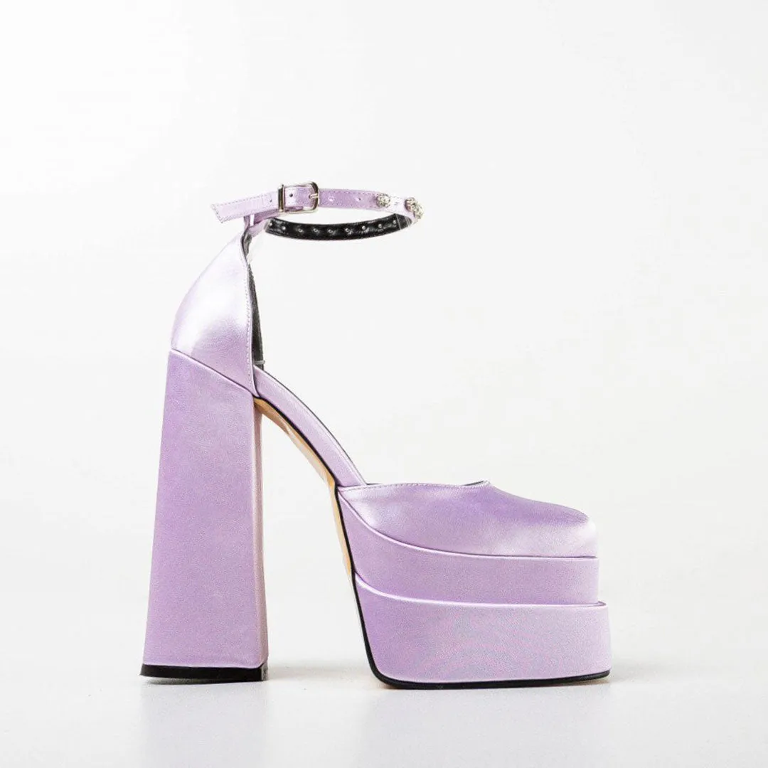 Crystal Satin Square Toe Chunky Platform Pumps - Purple