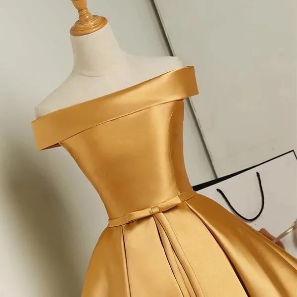 Cute Golden Satin Knee Length Off Shoulder Prom Dress, Short Homecoming Dress