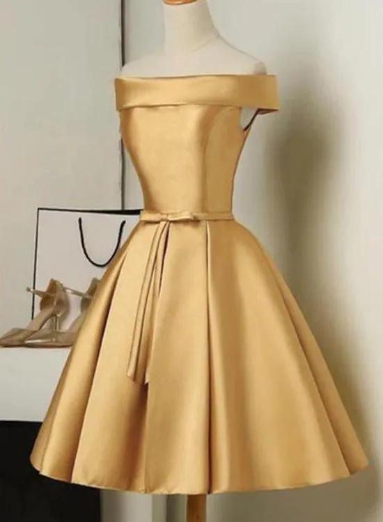 Cute Golden Satin Knee Length Off Shoulder Prom Dress, Short Homecoming Dress