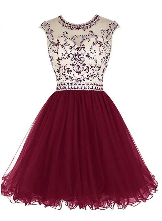Cute Round Neckline Beaded Tulle Open Back Homecoming Dress, Short Prom Dresses Party Dresses