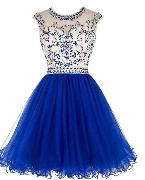 Cute Round Neckline Beaded Tulle Open Back Homecoming Dress, Short Prom Dresses Party Dresses