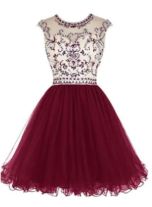 Cute Round Neckline Beaded Tulle Open Back Homecoming Dress, Short Prom Dresses Party Dresses