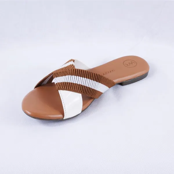 Dorthy Patent White and Tan Slides