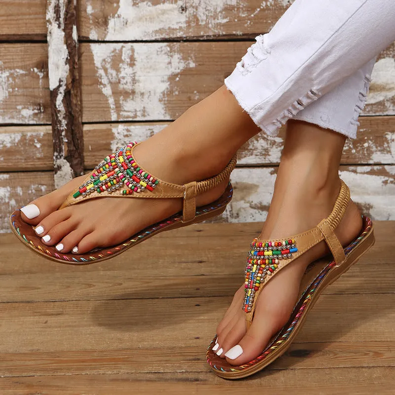 Female Ethnic Style Beaded Flat Flip Flops Sandals