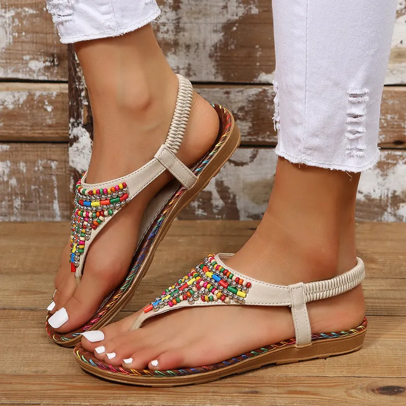 Female Ethnic Style Beaded Flat Flip Flops Sandals