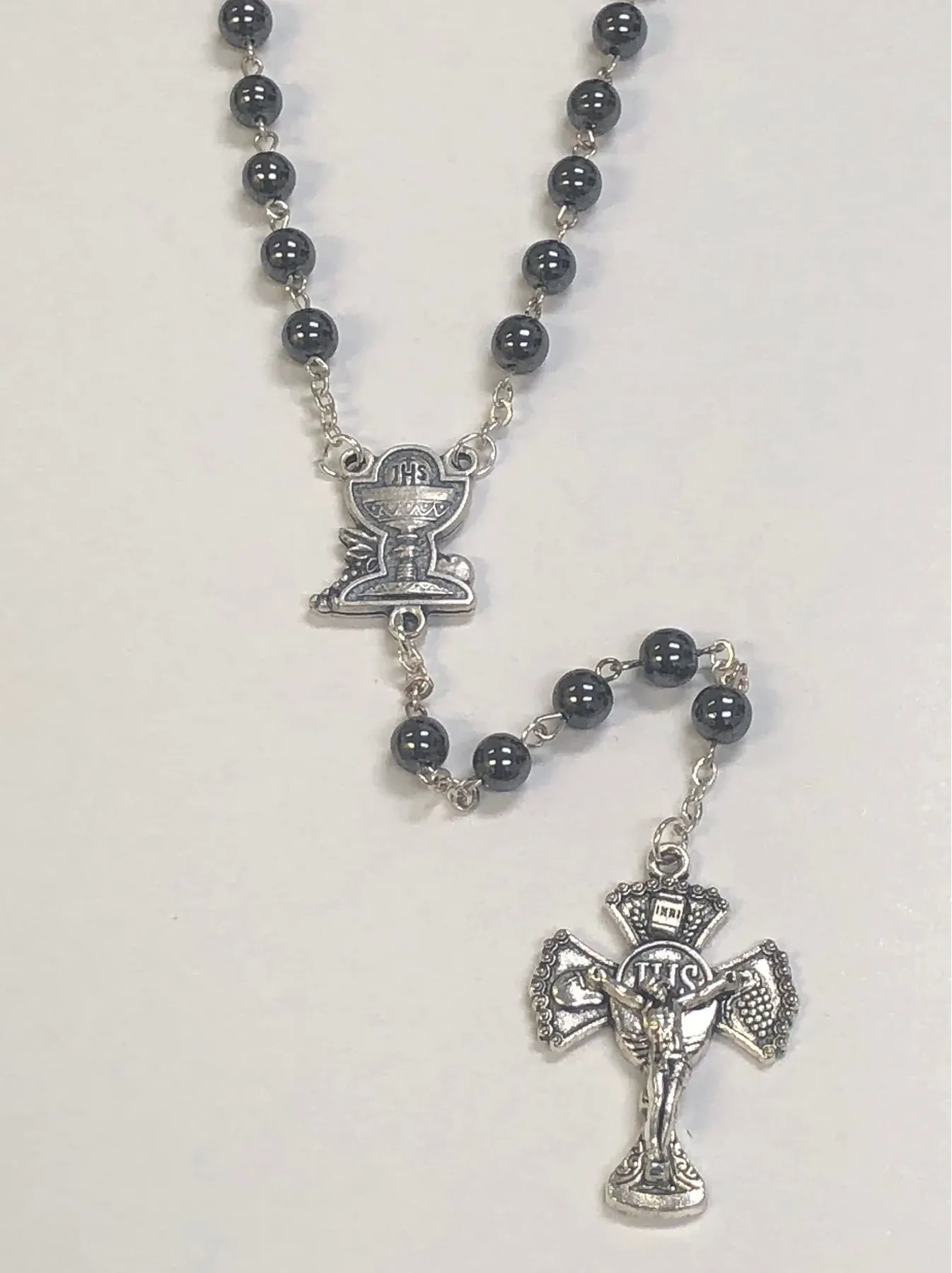 First Communion Black Hematite Rosary With Silver Toned Chalice Center
