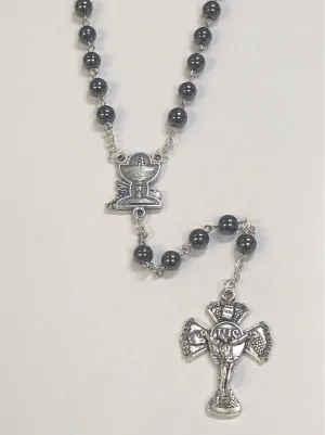 First Communion Black Hematite Rosary With Silver Toned Chalice Center