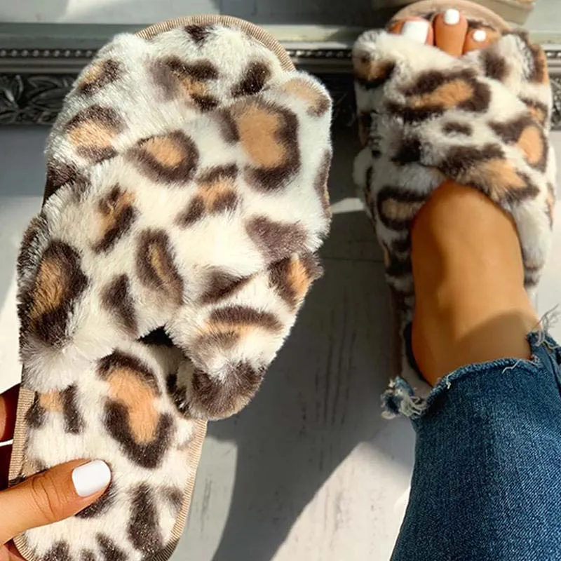 Fluffy Leopard Crisscross Flat Slippers