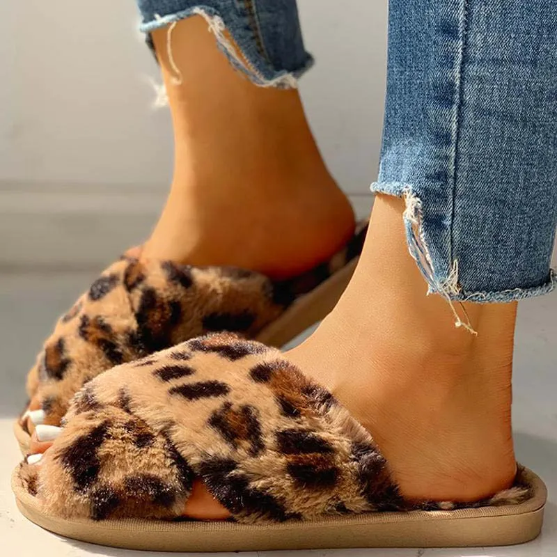 Fluffy Leopard Crisscross Flat Slippers