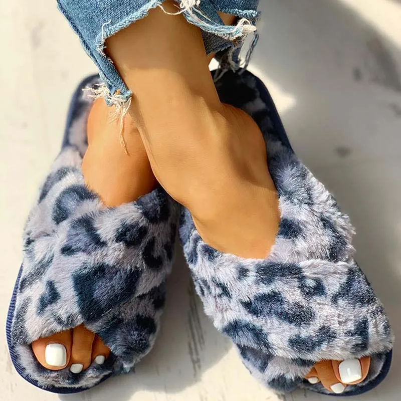 Fluffy Leopard Crisscross Flat Slippers