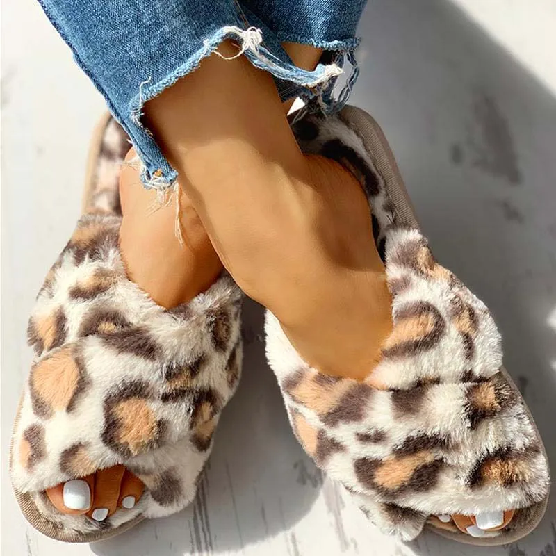 Fluffy Leopard Crisscross Flat Slippers