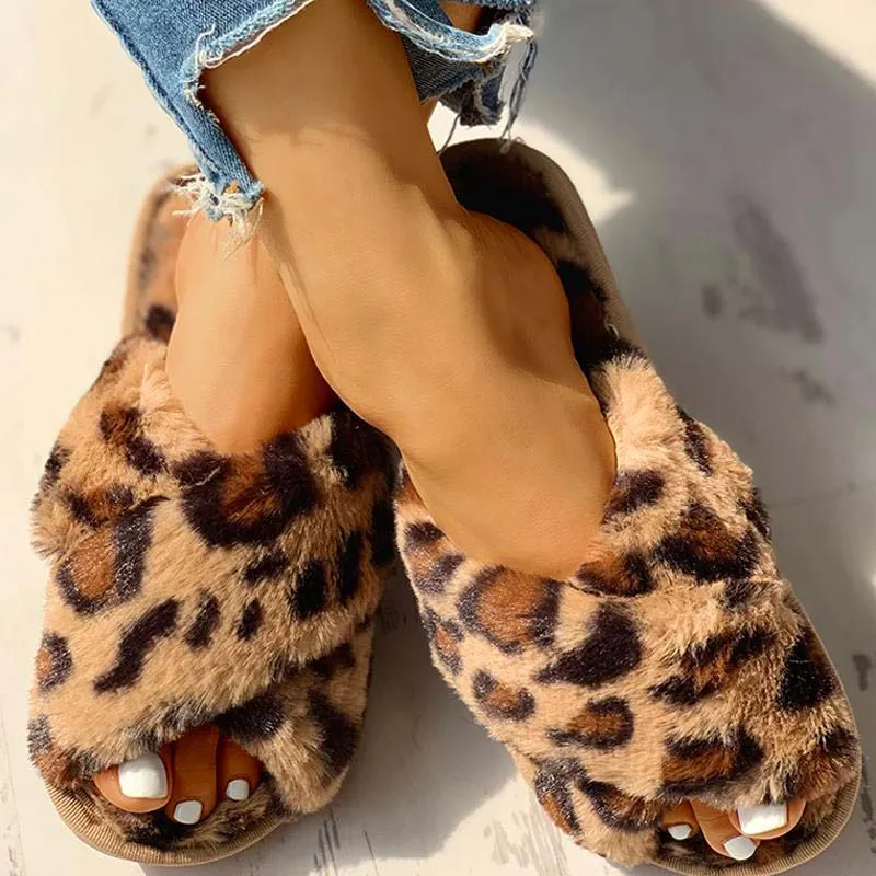 Fluffy Leopard Crisscross Flat Slippers
