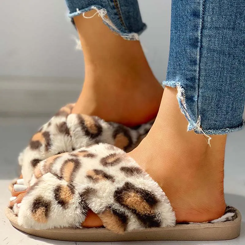 Fluffy Leopard Crisscross Flat Slippers