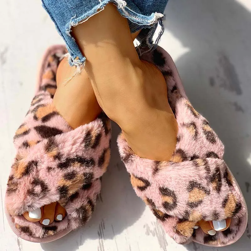 Fluffy Leopard Crisscross Flat Slippers
