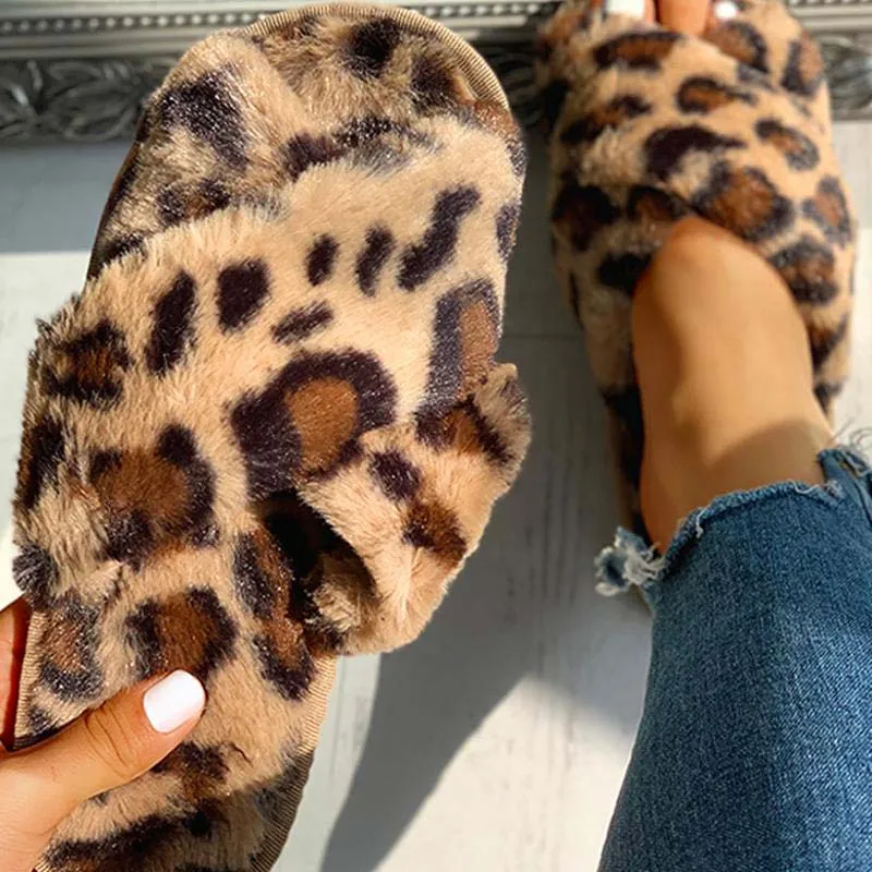 Fluffy Leopard Crisscross Flat Slippers