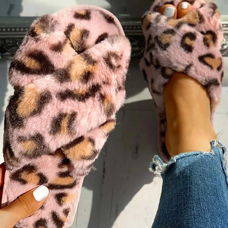 Fluffy Leopard Crisscross Flat Slippers
