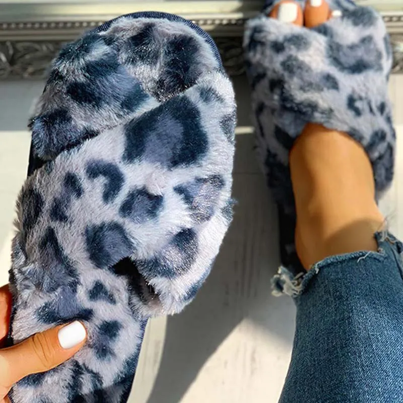 Fluffy Leopard Crisscross Flat Slippers