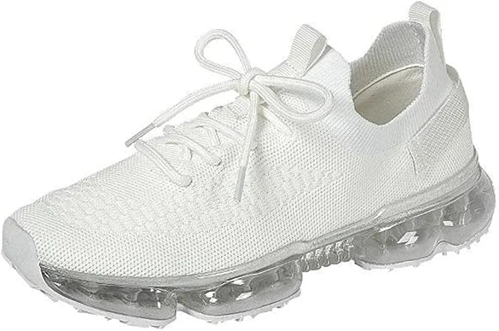 Forever Link Womens Air Cushion Fashion Sneakers Breathable Knit Comfortable Lightweight Walking Shoes, White, 6.5