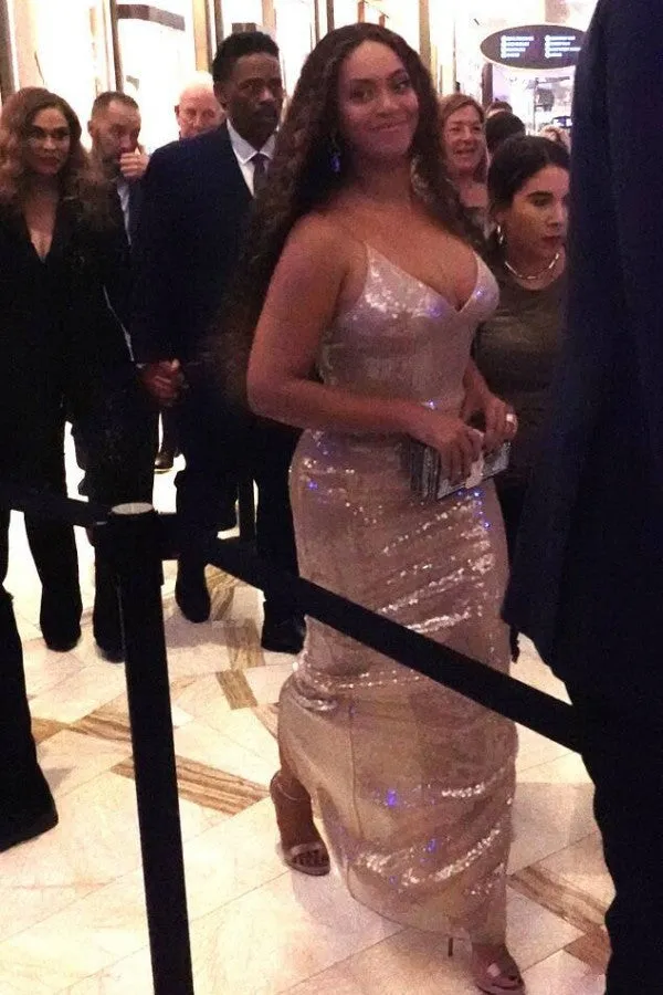 Gold Beyonce Knowles Spaghetti Straps Wrap Dress Sequin Prom Celebrity Formal Dress The Shawn Carter Foundation Gala