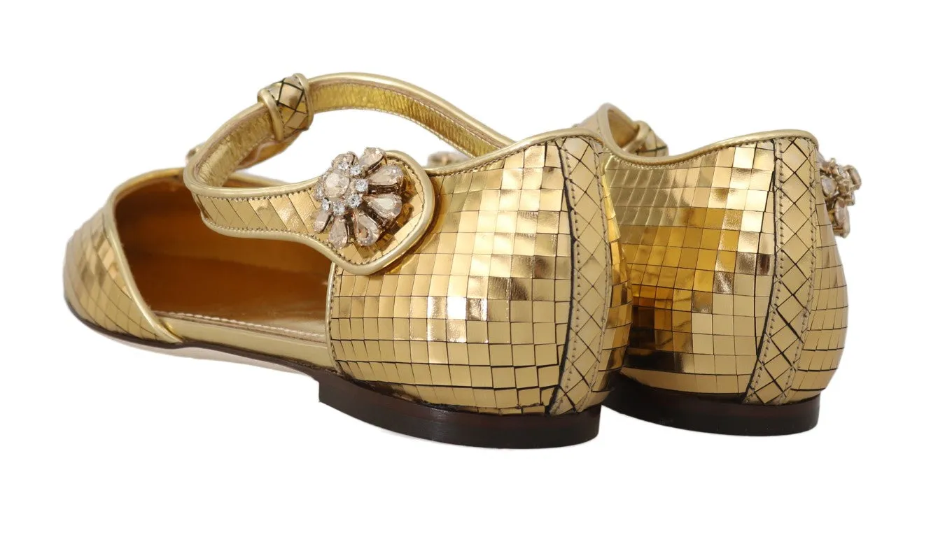 Gold Leather Crystal Ballerina T-strap Shoes