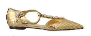 Gold Leather Crystal Ballerina T-strap Shoes